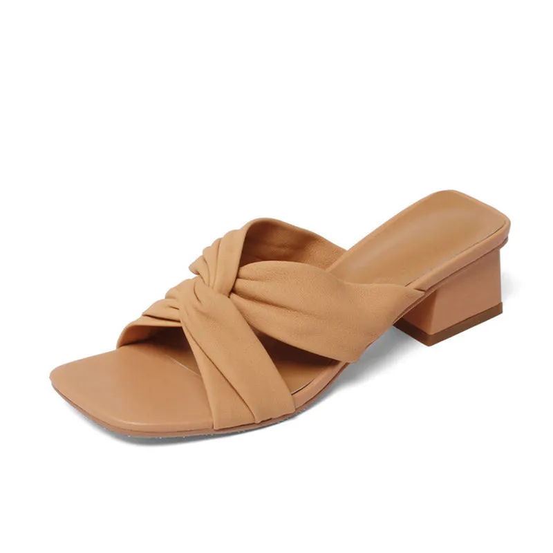 Leather Square Toe Slide Sandals Chunky Mid Heel White/Blue/Apricot