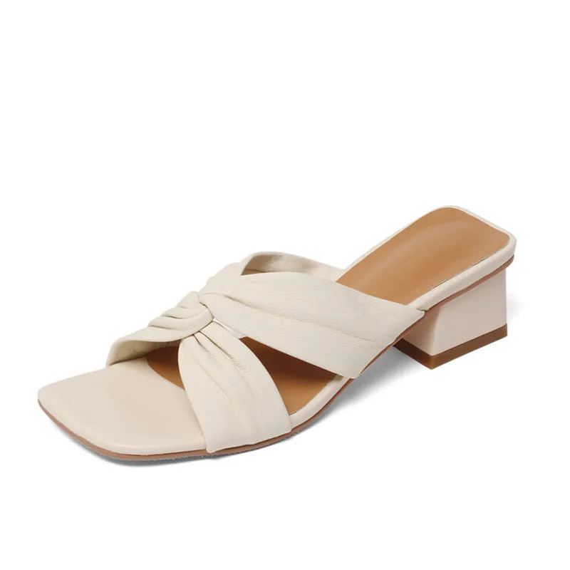 Leather Square Toe Slide Sandals Chunky Mid Heel White/Blue/Apricot