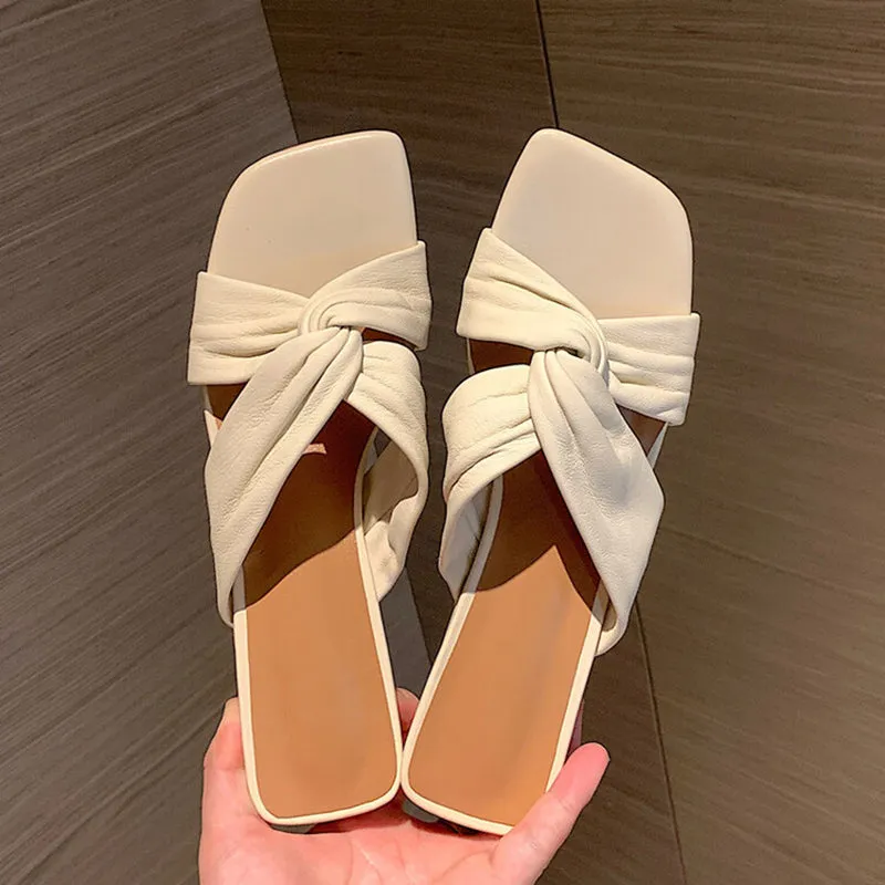 Leather Square Toe Slide Sandals Chunky Mid Heel White/Blue/Apricot