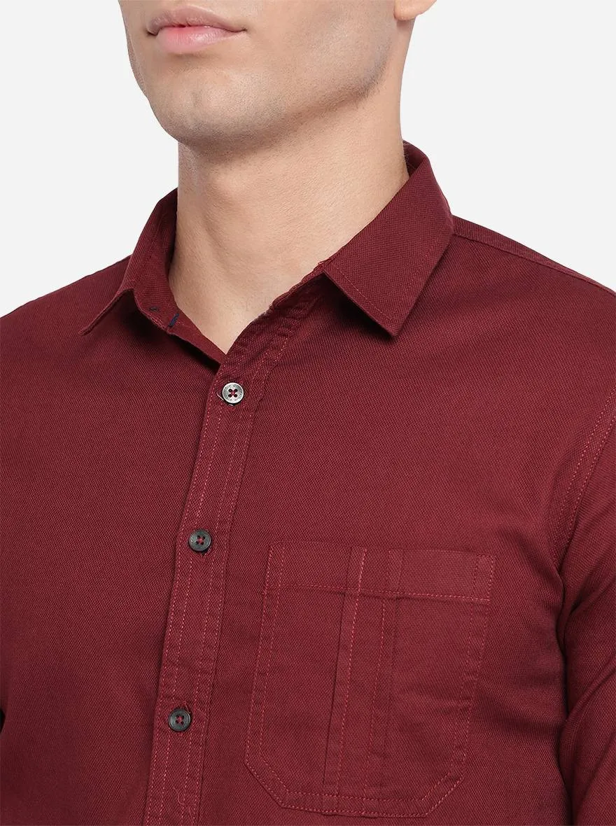 Maroon Solid Slim Fit Semi Casual Shirt | Greenfibre