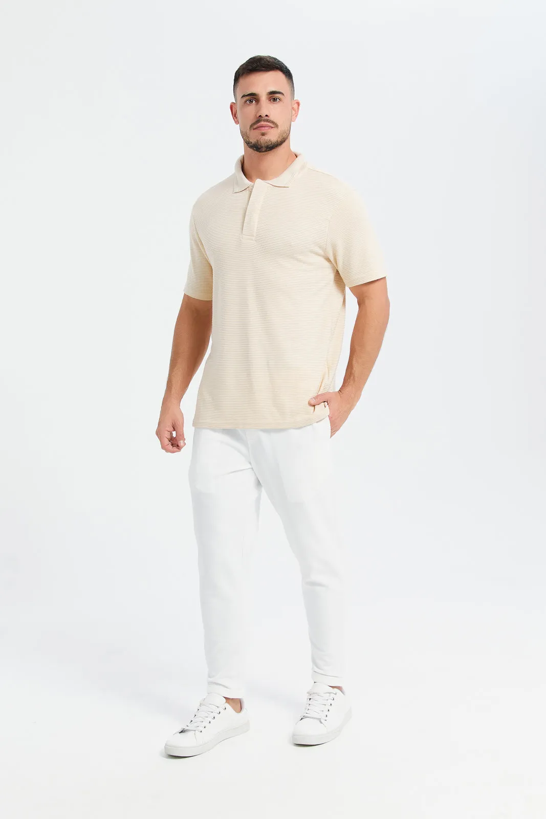 Men Beige Jacquard Polo Shirt