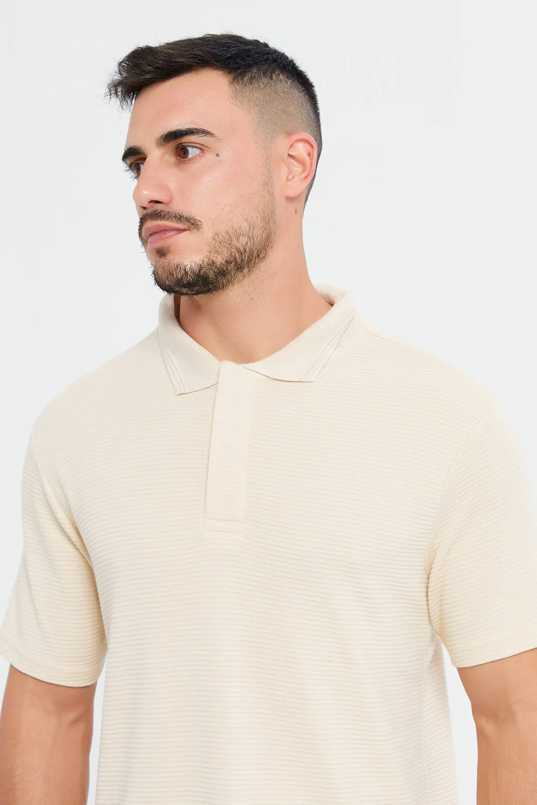 Men Beige Jacquard Polo Shirt