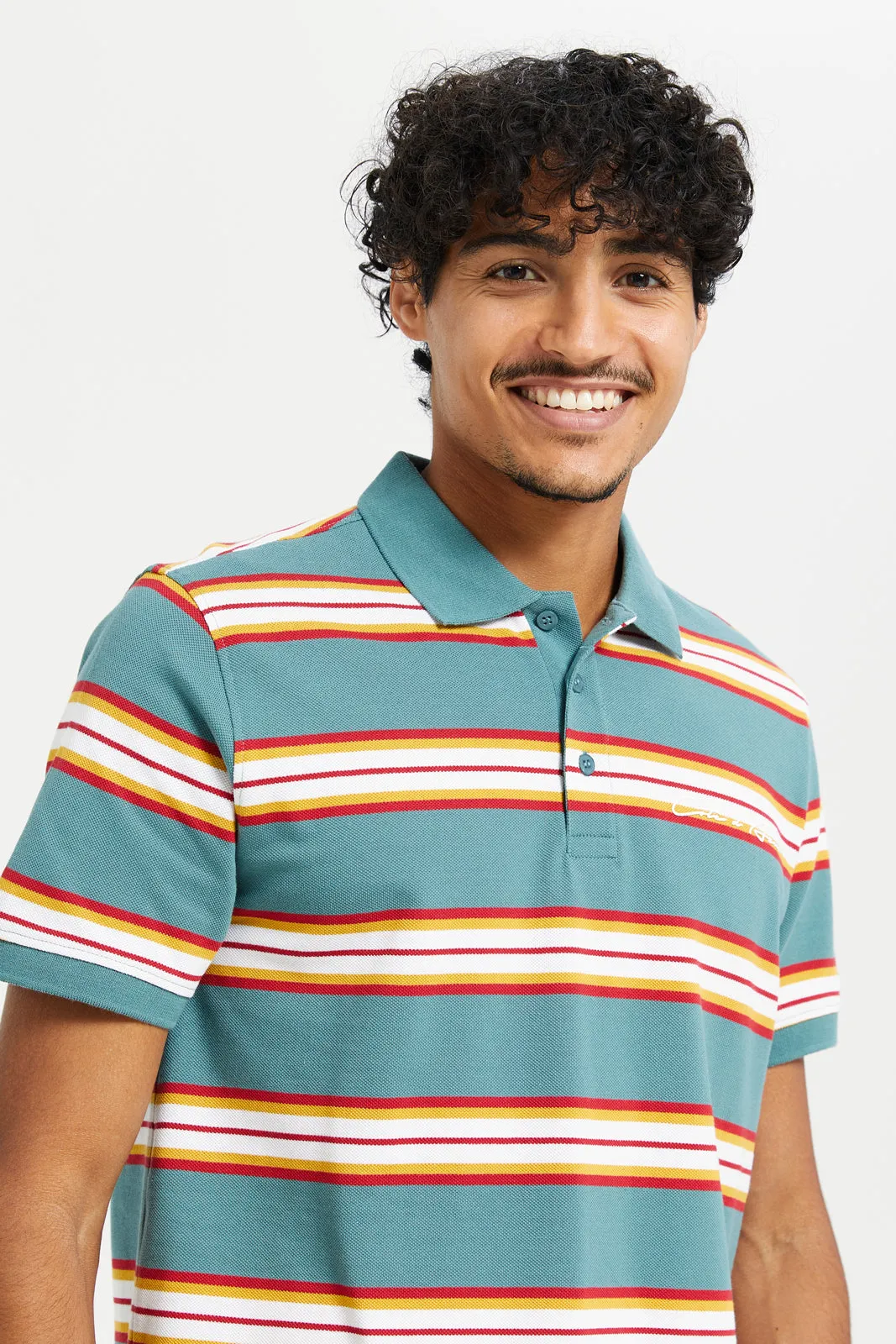 Men Green Stripe Polo Shirt