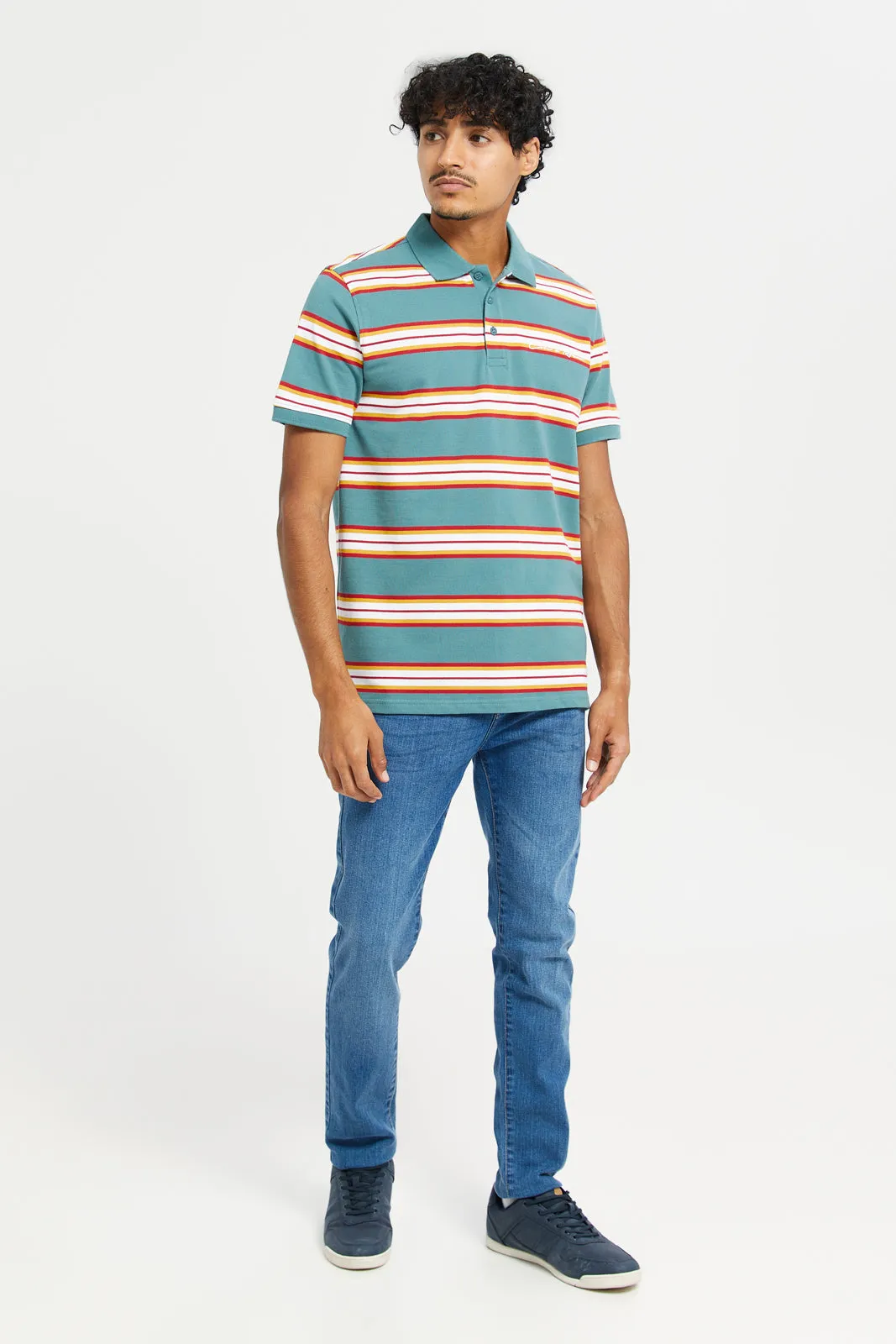 Men Green Stripe Polo Shirt