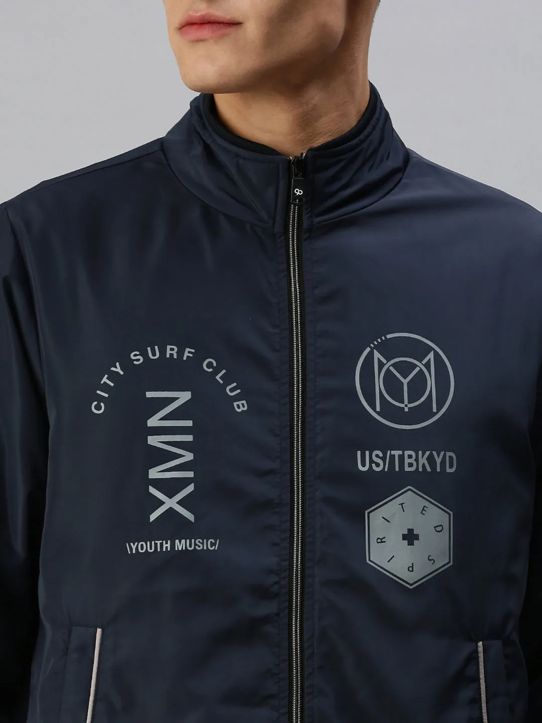 Men Printed Blue Sporty Jacket