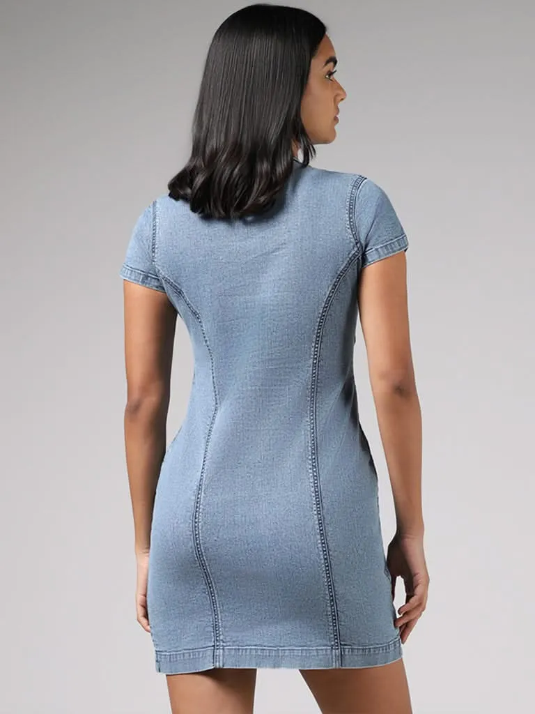 Nuon Light Blue Denim Mini Shirt Dress