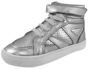 Old Soles Boy's and Girl's Star Jumper Silver Leather Elastic Lace Hook and Loop High Top Sneaker