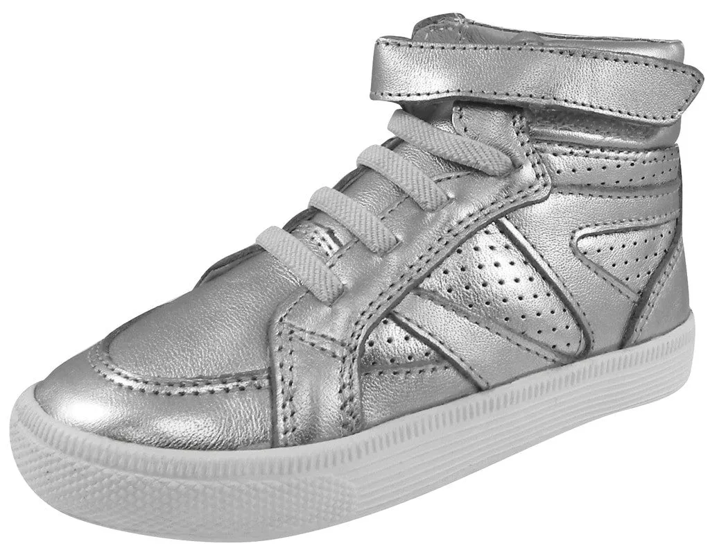 Old Soles Boy's and Girl's Star Jumper Silver Leather Elastic Lace Hook and Loop High Top Sneaker