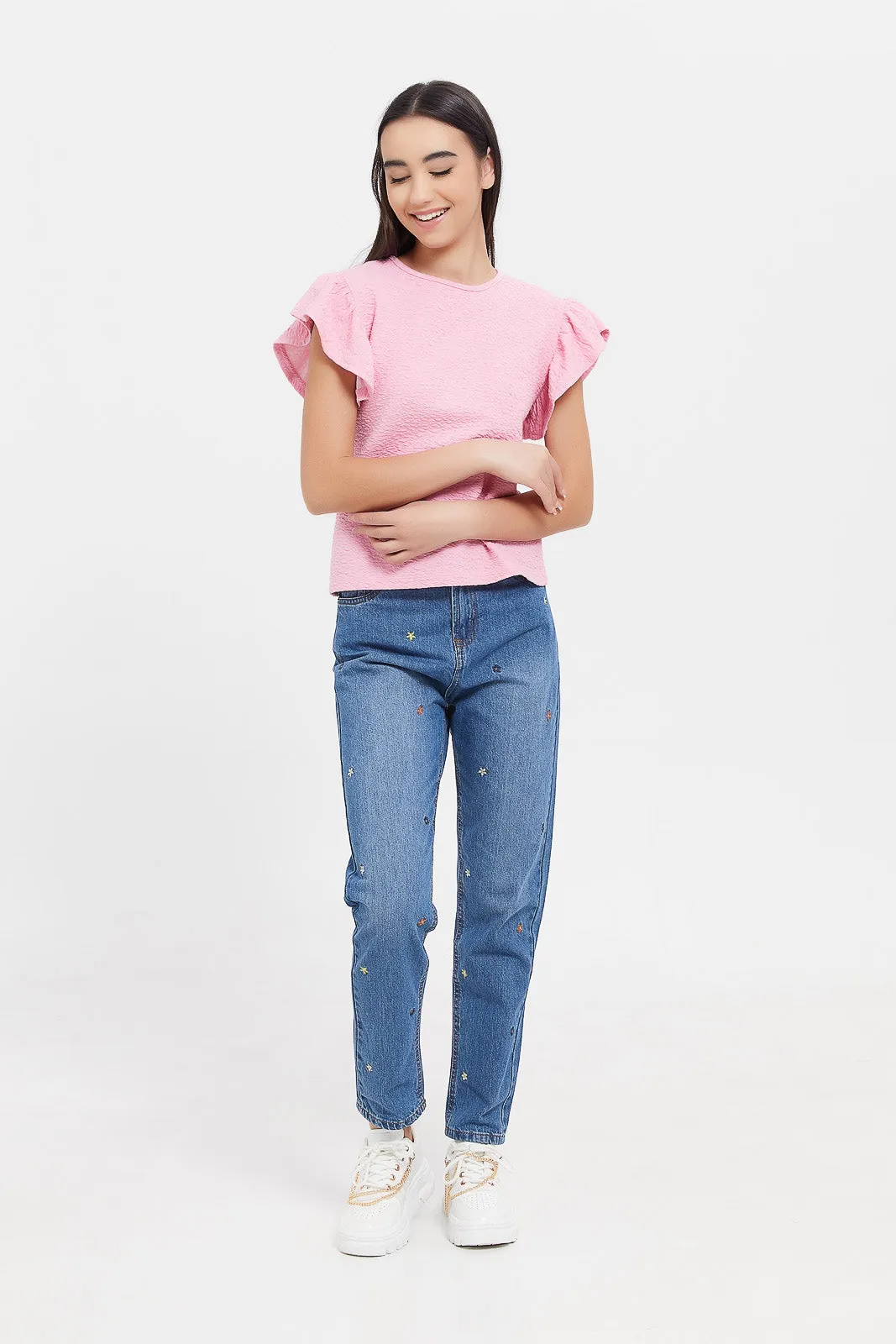 Senior Girls Blue Embroidered Mom Fit Jeans