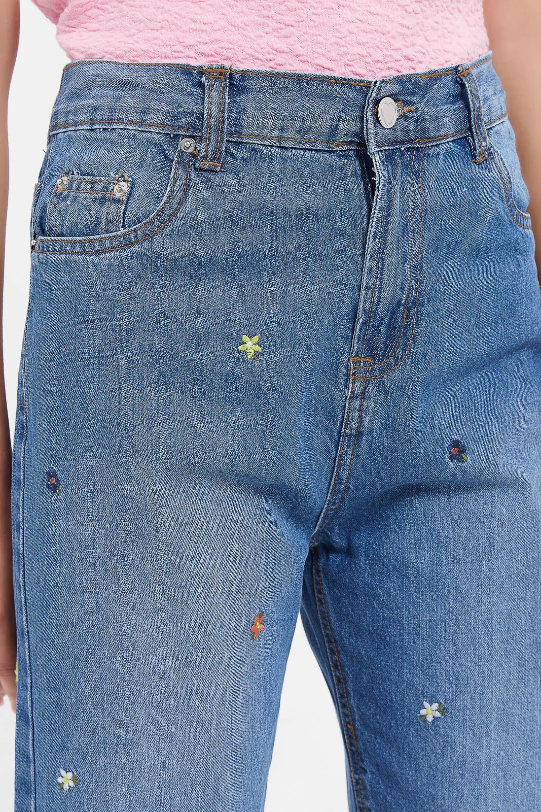 Senior Girls Blue Embroidered Mom Fit Jeans