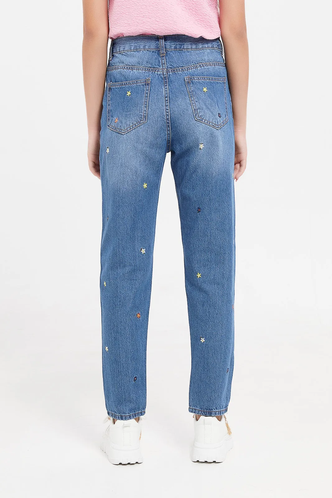 Senior Girls Blue Embroidered Mom Fit Jeans