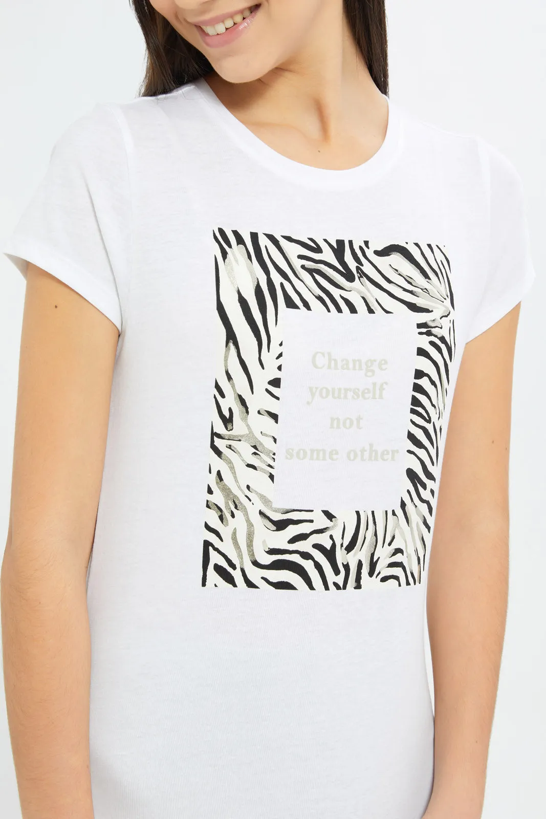 Senior Girls White Zebra Print T-Shirt