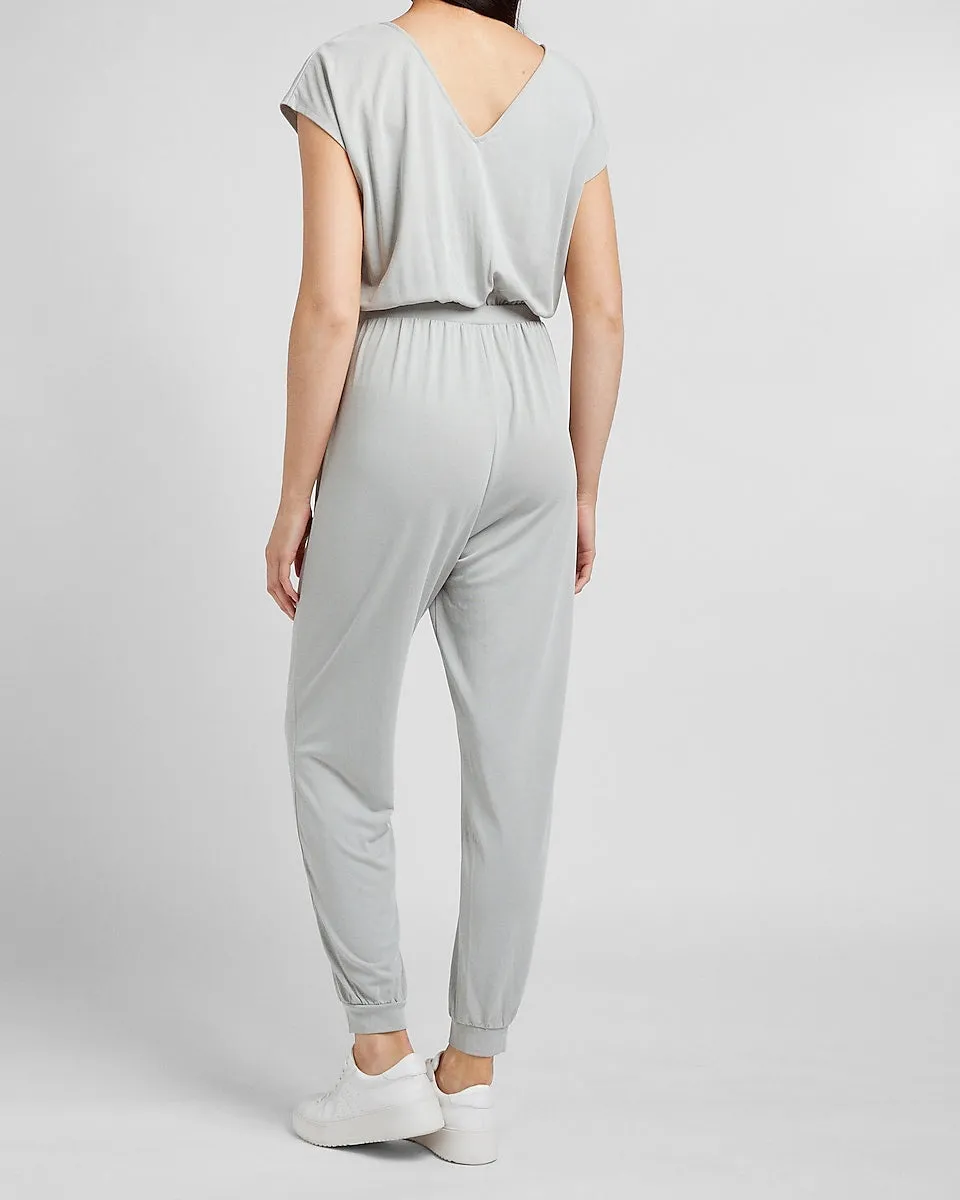 Silky Sueded Jersey Ruched Front Lounge Jumpsuit in Gray