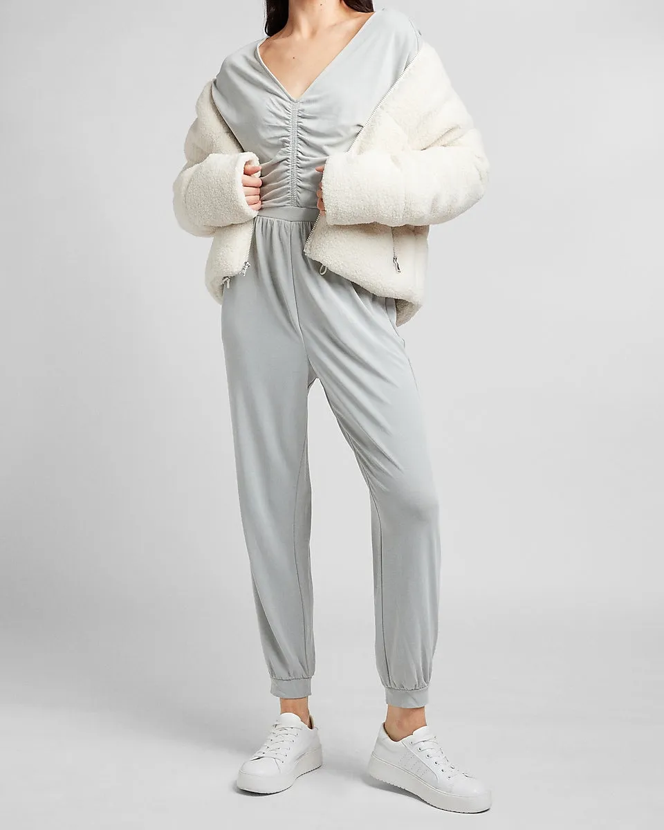 Silky Sueded Jersey Ruched Front Lounge Jumpsuit in Gray