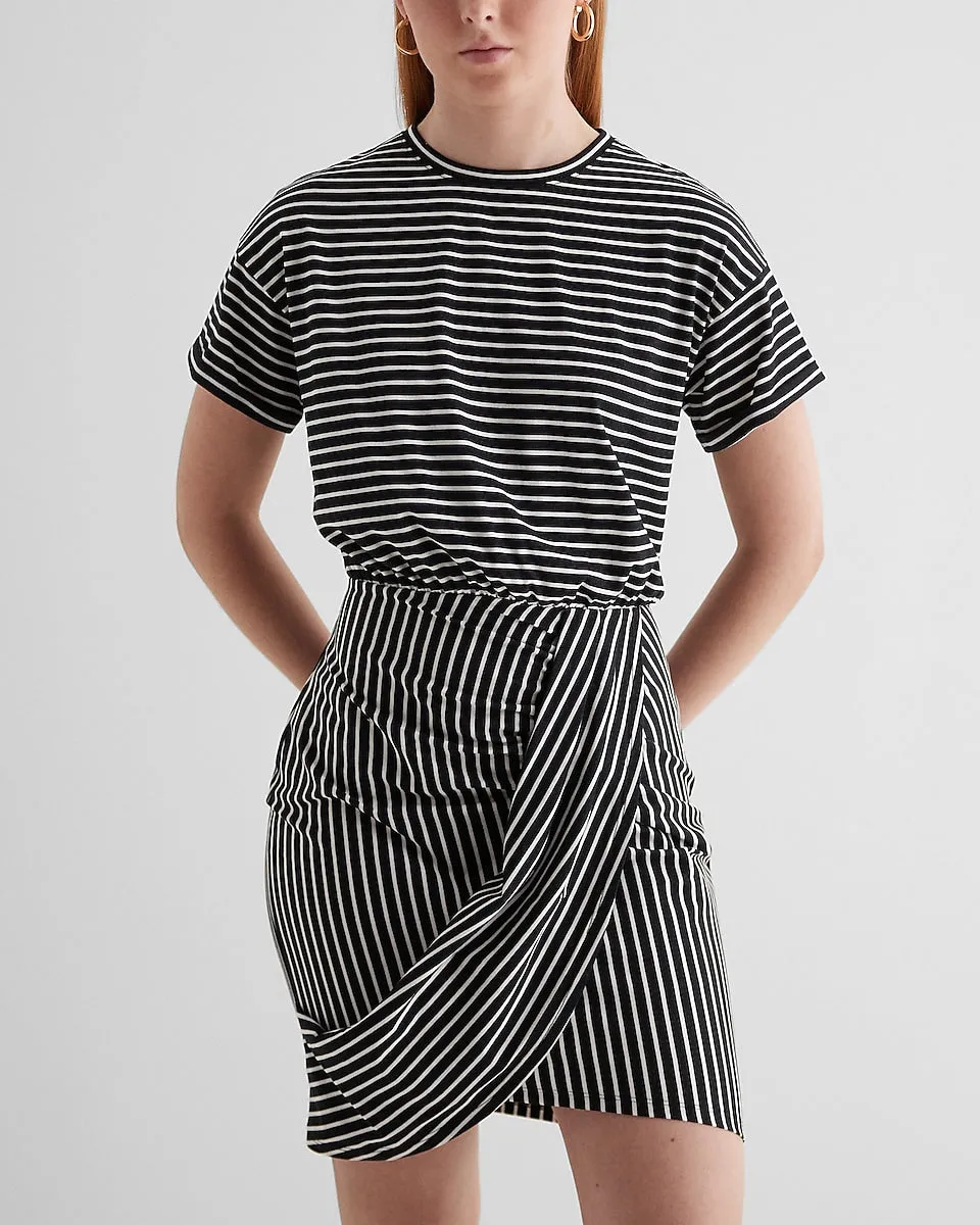 Striped Crew Neck Short Sleeve Draped T-Shirt Dress in Stripe
