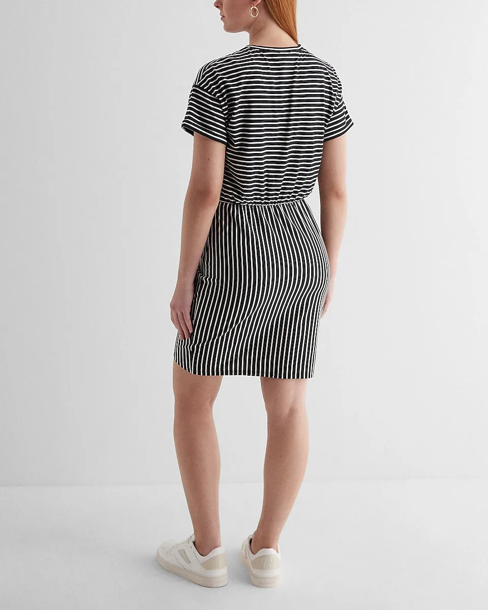 Striped Crew Neck Short Sleeve Draped T-Shirt Dress in Stripe
