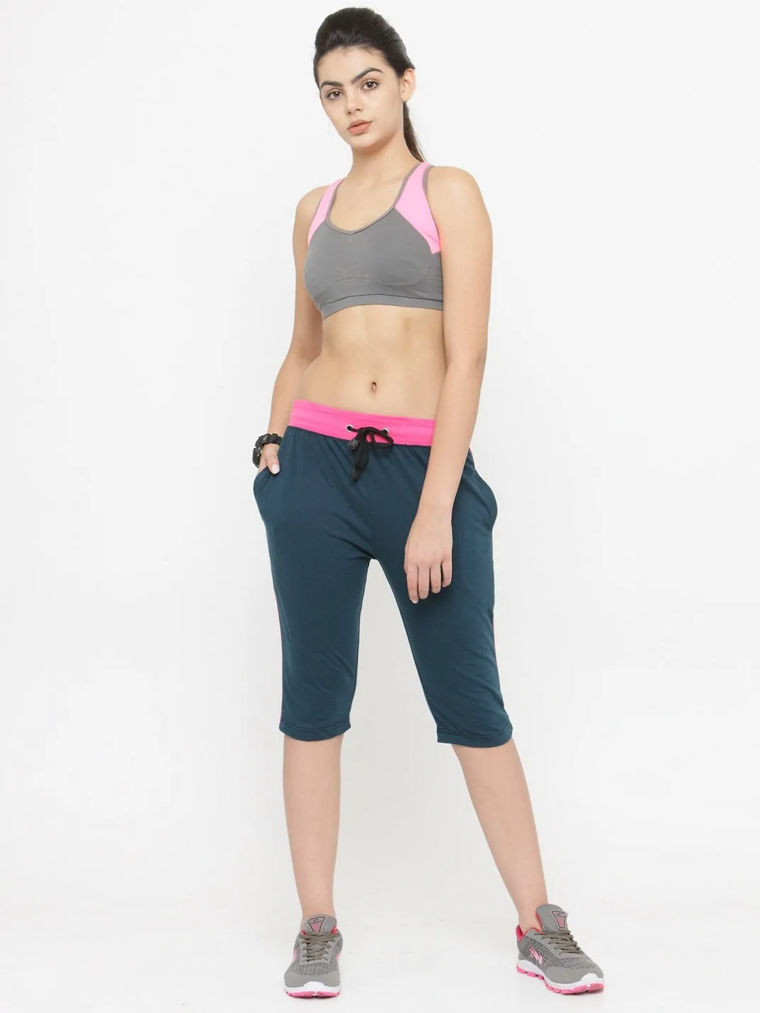 Women's Cotton Three Fourth Capri Shorts With Two Zippered Pockets