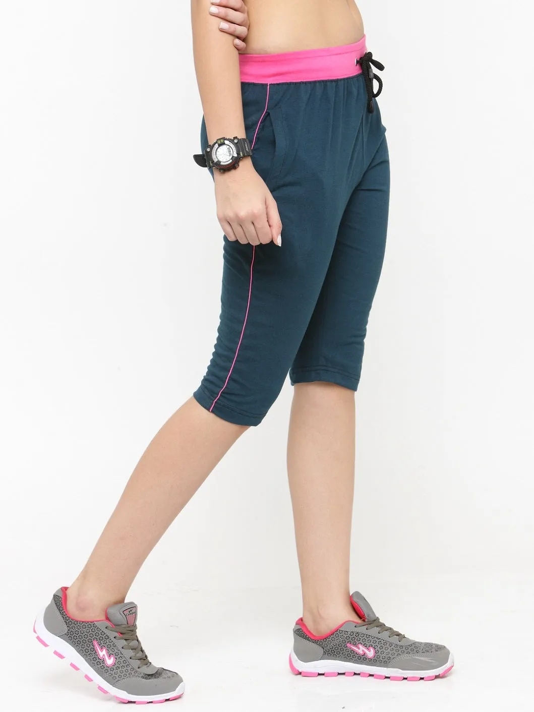 Women's Cotton Three Fourth Capri Shorts With Two Zippered Pockets