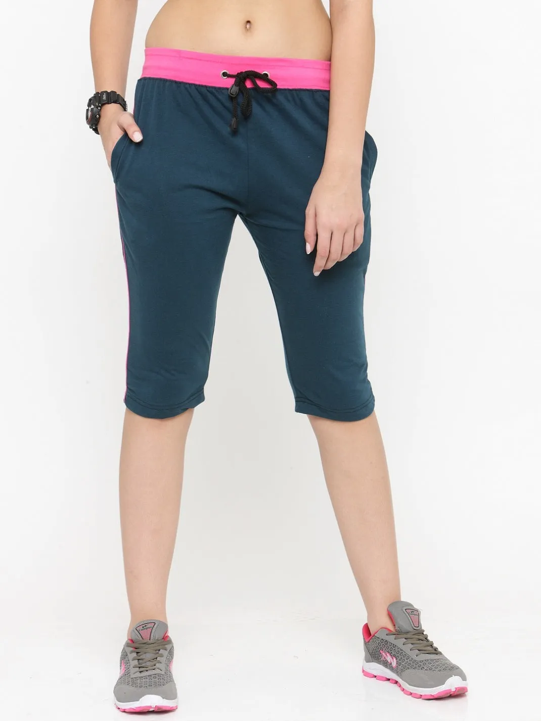 Women's Cotton Three Fourth Capri Shorts With Two Zippered Pockets