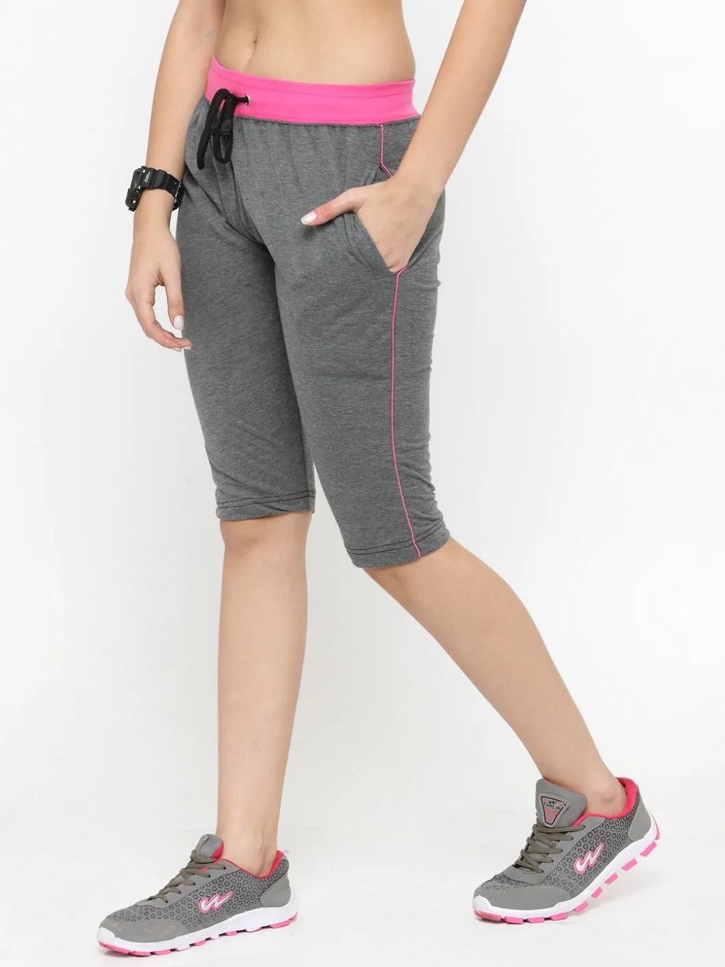 Women's Cotton Three Fourth Capri Shorts With Two Zippered Pockets