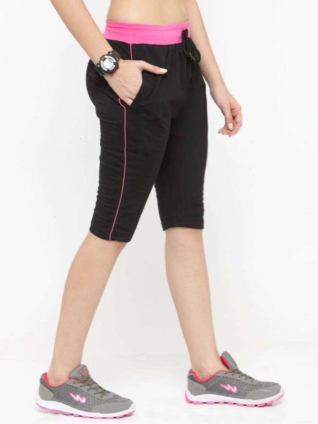 Women's Cotton Three Fourth Capri Shorts With Two Zippered Pockets