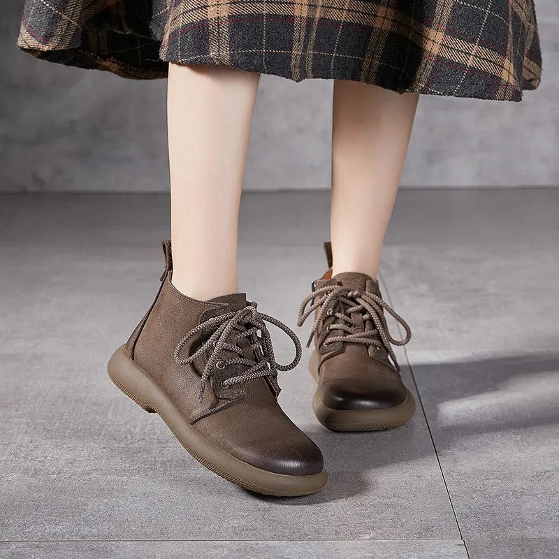 Women's Leather Booties Round Toe Lace-Up Ankle Boots in Grey/Coffee