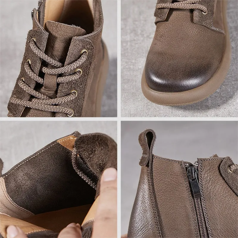 Women's Leather Booties Round Toe Lace-Up Ankle Boots in Grey/Coffee