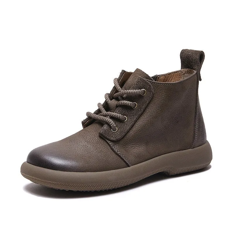 Women's Leather Booties Round Toe Lace-Up Ankle Boots in Grey/Coffee