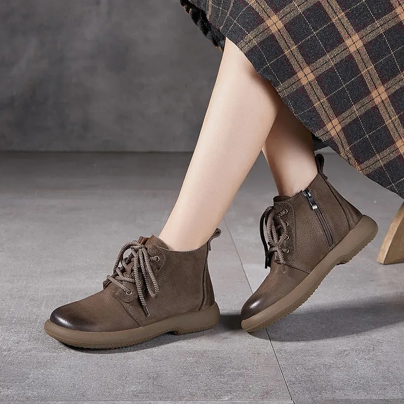 Women's Leather Booties Round Toe Lace-Up Ankle Boots in Grey/Coffee