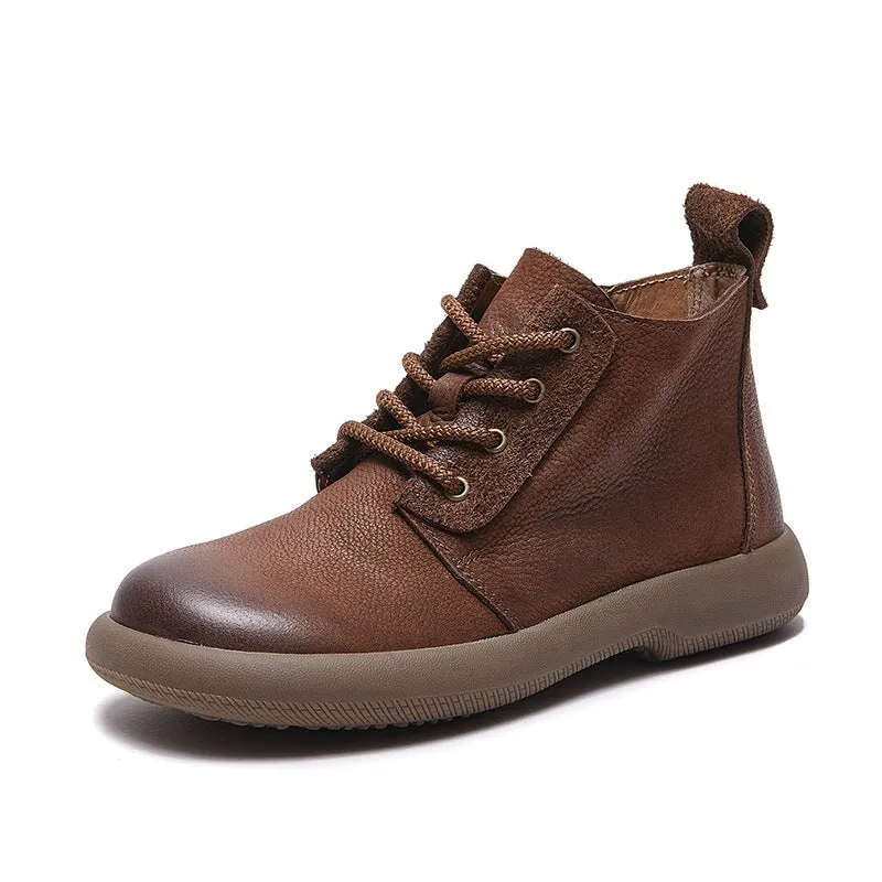 Women's Leather Booties Round Toe Lace-Up Ankle Boots in Grey/Coffee