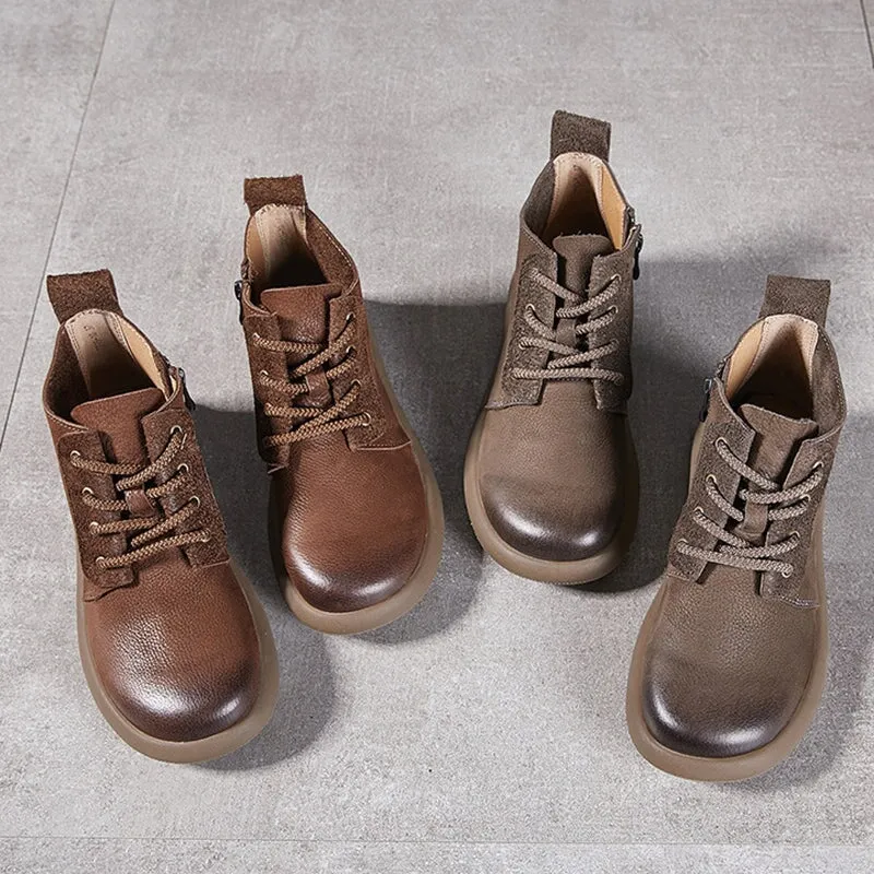 Women's Leather Booties Round Toe Lace-Up Ankle Boots in Grey/Coffee