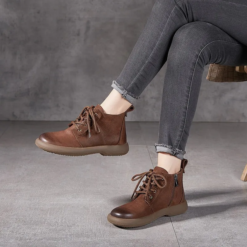 Women's Leather Booties Round Toe Lace-Up Ankle Boots in Grey/Coffee