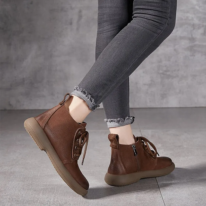 Women's Leather Booties Round Toe Lace-Up Ankle Boots in Grey/Coffee