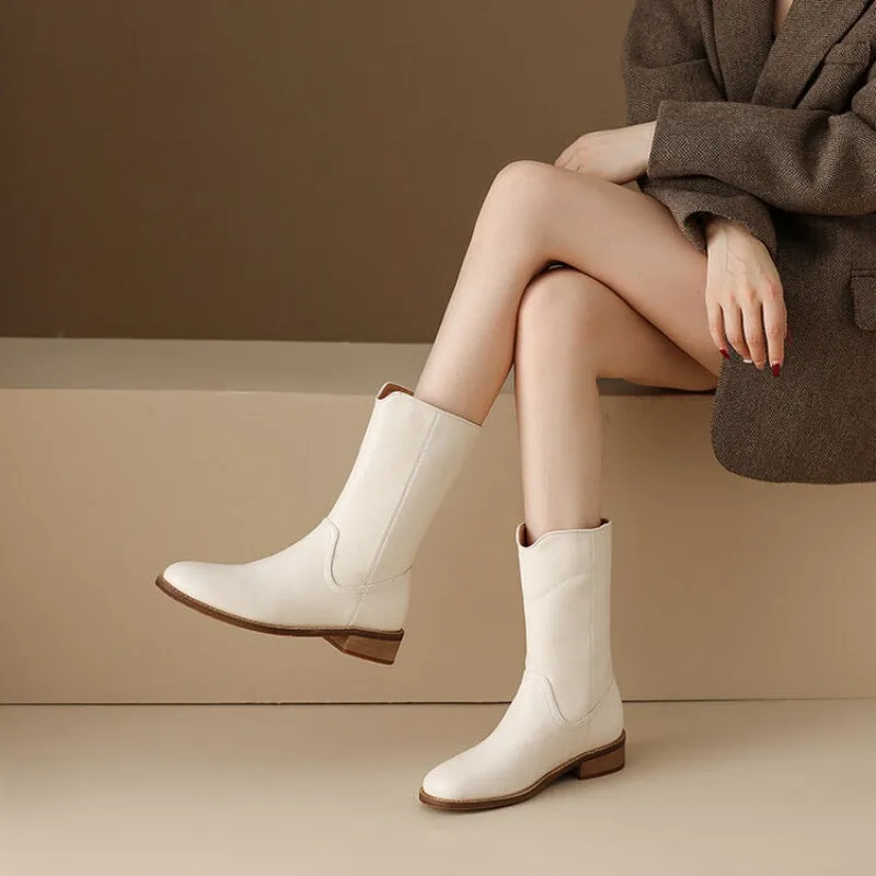 Womens Leather Pull On Mid Calf Boots in White/Black