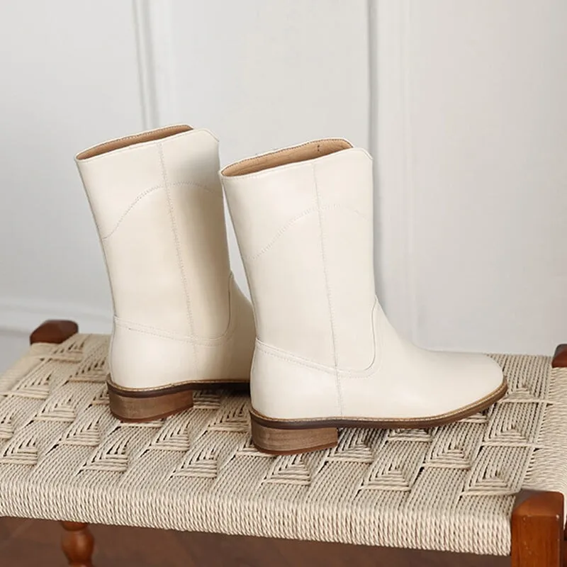 Womens Leather Pull On Mid Calf Boots in White/Black