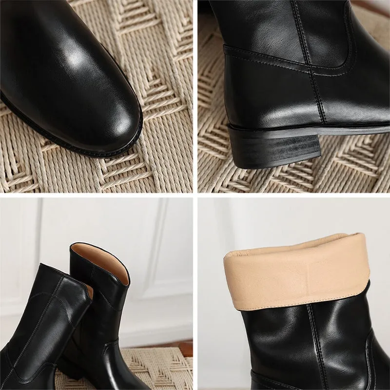 Womens Leather Pull On Mid Calf Boots in White/Black