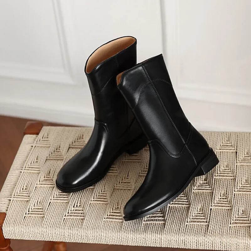 Womens Leather Pull On Mid Calf Boots in White/Black