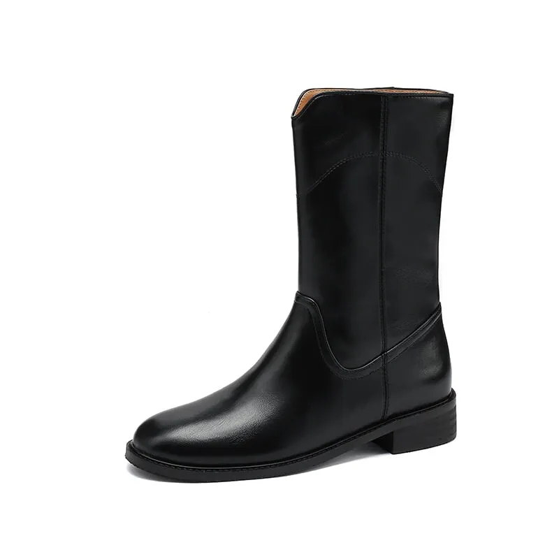 Womens Leather Pull On Mid Calf Boots in White/Black