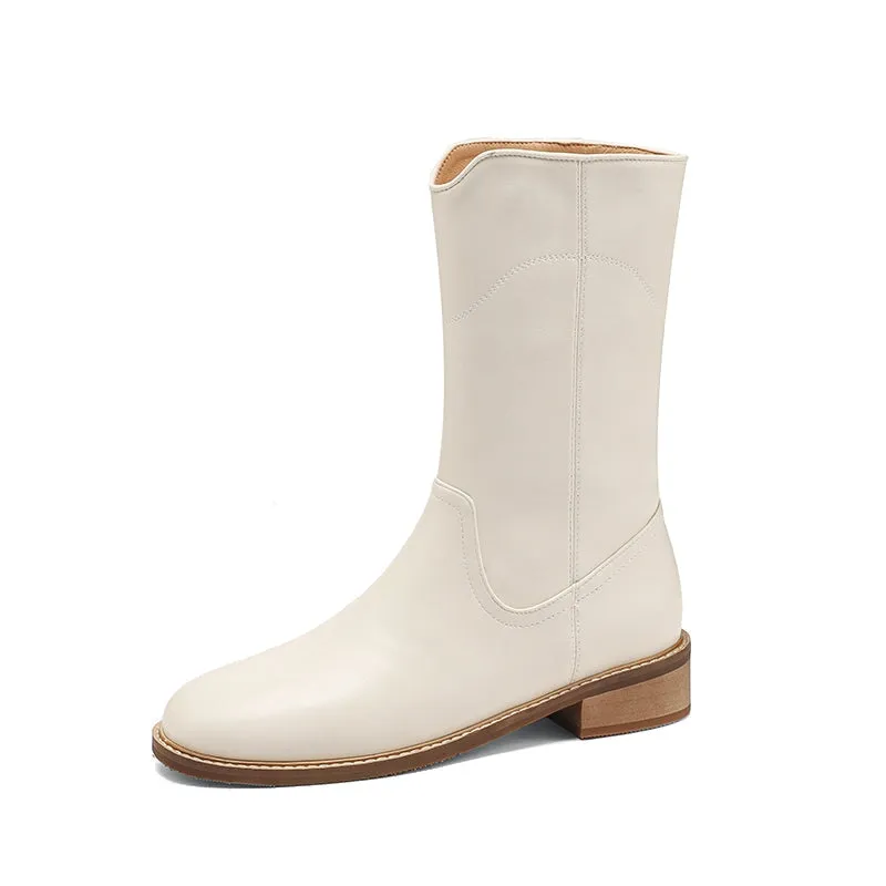 Womens Leather Pull On Mid Calf Boots in White/Black