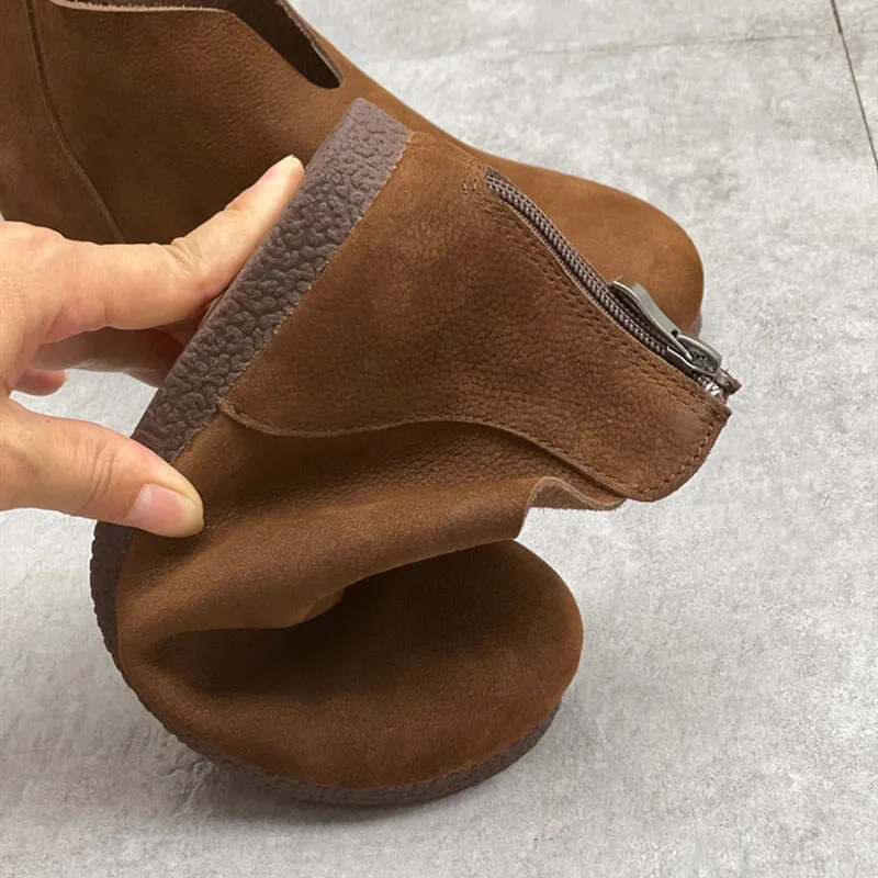 Zero Drop Soft Leather Barefoot Ankle Boots For Women Back Zip In Coffee/Grey