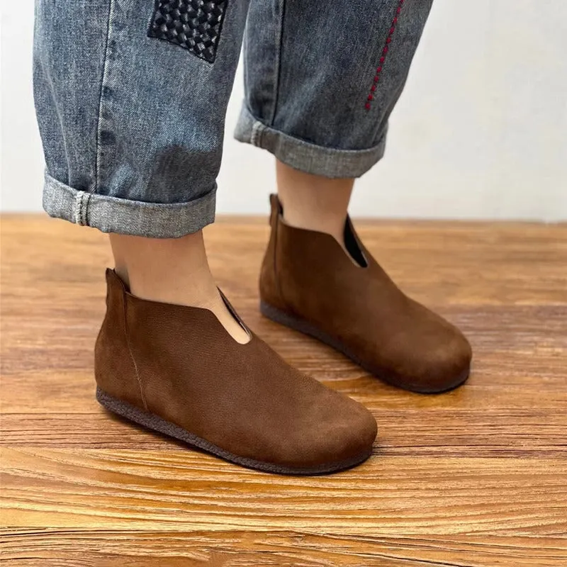 Zero Drop Soft Leather Barefoot Ankle Boots For Women Back Zip In Coffee/Grey