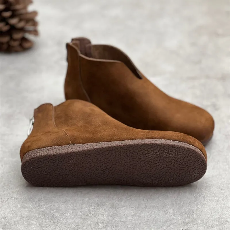 Zero Drop Soft Leather Barefoot Ankle Boots For Women Back Zip In Coffee/Grey