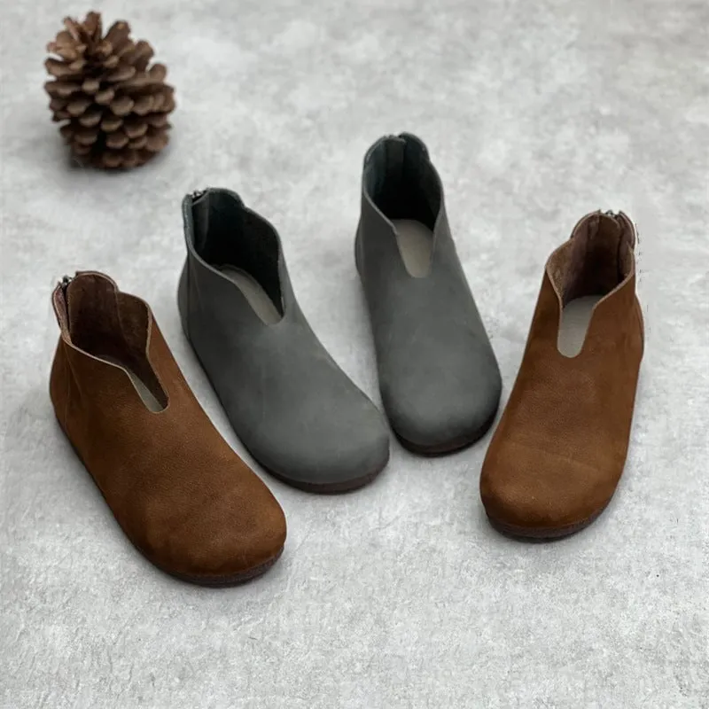 Zero Drop Soft Leather Barefoot Ankle Boots For Women Back Zip In Coffee/Grey