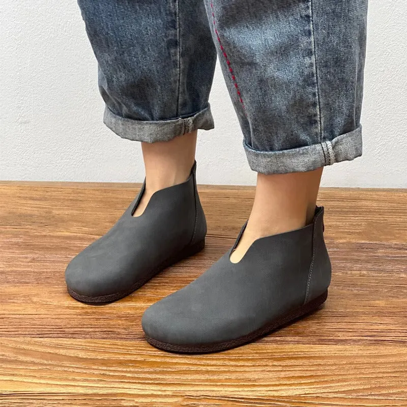 Zero Drop Soft Leather Barefoot Ankle Boots For Women Back Zip In Coffee/Grey
